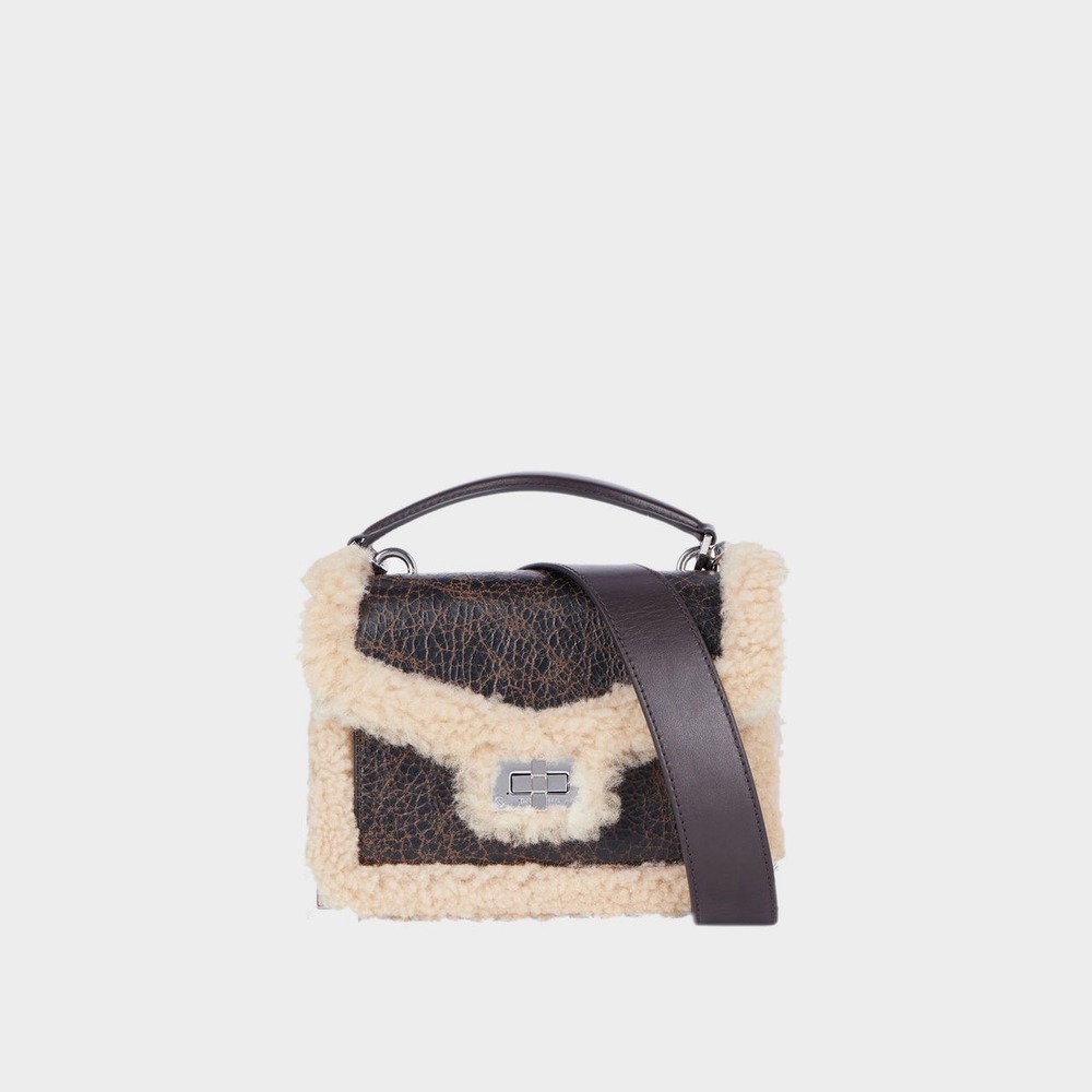 The‎ Kooples NEW Emily Small Leather Shearling Trim Crossbody Bag Brown